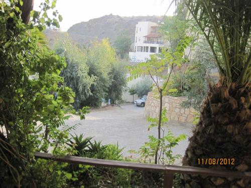 a view of a parking lot with trees and a building at Sfinias Apartments in Kali Limenes