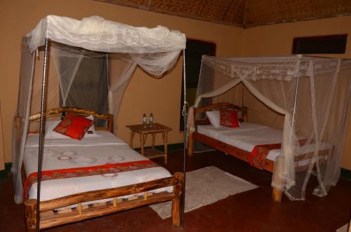 two twin beds in a room withthritisthritisthritisthritisthritisthritisthritisthritisthritis at Irungu Forest Safari Lodge in Katunguru