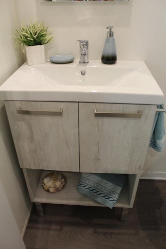 a bathroom vanity with a white sink in a room at Camping Casa Di Caccia in Marina di Bibbona