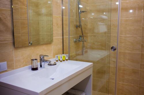a bathroom with a sink and a shower at Familion ApartHotel in Chişinău