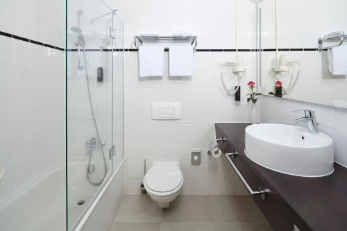 ein Bad mit einem WC, einem Waschbecken und einer Dusche in der Unterkunft Trans World Hotel Kranichhöhe in Much
