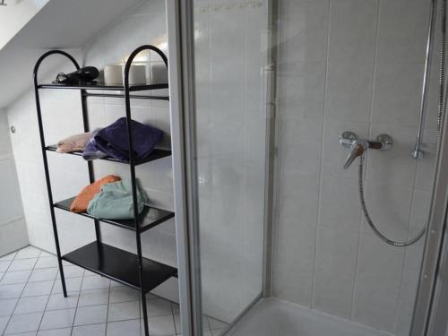 a bathroom with a shower and a shelf with towels at Obst- und Ferienhof Brudy in Appenweier