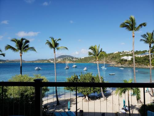 a view of a beach with palm trees and boats at Secret Harbour Beach Resort in St Thomas