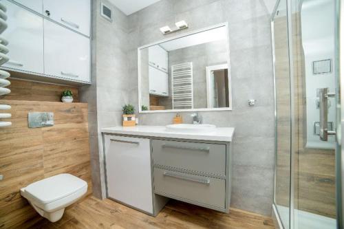 a bathroom with a sink and a toilet and a shower at Apartament Gdańska in Bydgoszcz