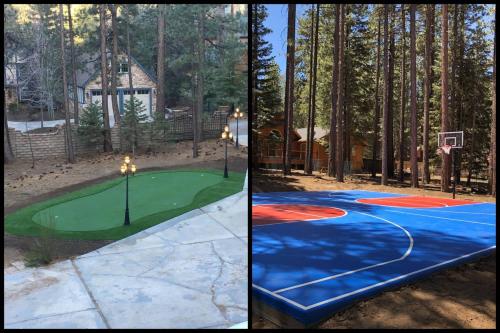 two pictures of a basketball court and a basketball hoop at The Lodge at Snow Summit Home in Big Bear Lake