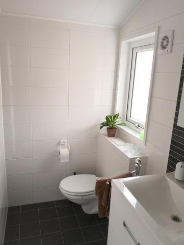 a white bathroom with a toilet and a sink at Ferienhaus MaLeFi 1 am Gülser Moselbogen in Koblenz
