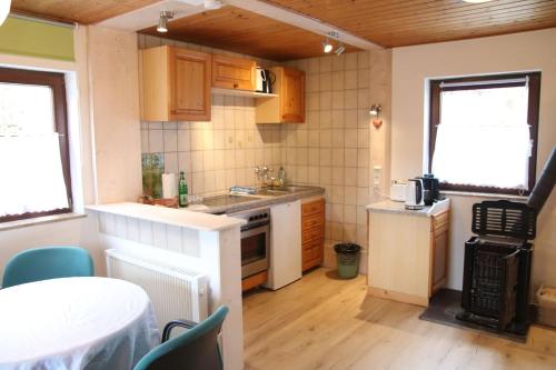 HatzfeldにあるFeWo Landhaus Ederlust HeilungsRäume eVの小さなキッチン(木製キャビネット、テーブル付)