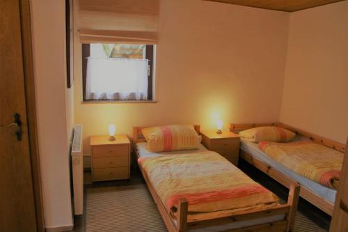 HatzfeldにあるFeWo Landhaus Ederlust HeilungsRäume eVのベッド2台と窓のある寝室