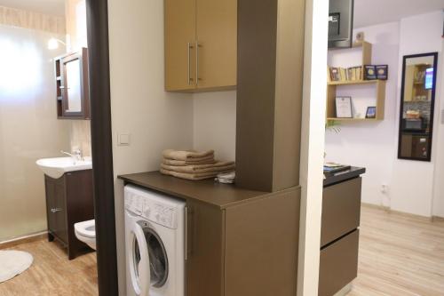 lavadero con lavadora y secadora en Central Place Apartment Timisoara, en Timisoara