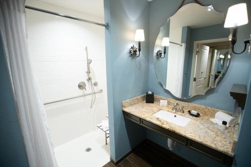 a bathroom with a sink and a shower and a mirror at Dollywood's DreamMore Resort and Spa in Pigeon Forge