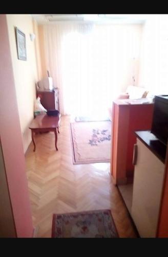 ein Wohnzimmer mit einem großen Fenster und einem Holzboden in der Unterkunft Apartman S in Palisat