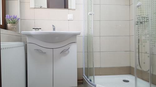 a white bathroom with a sink and a shower at LA CASSA in Timişoara