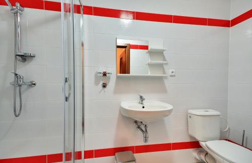 a bathroom with a toilet sink and a shower at Penzion Neubauer in Ostružná