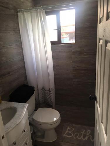 a bathroom with a toilet and a sink and a window at Los Pinos de Quilvo in Romeral
