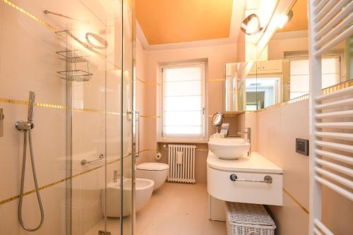 a bathroom with a shower and a toilet and a sink at My Desenzano Exclusive Home in Desenzano del Garda
