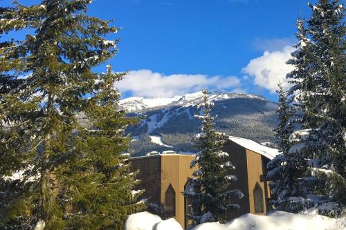 a building in the snow with a mountain in the background at The Ironwood on Blueberry Hill in Whistler