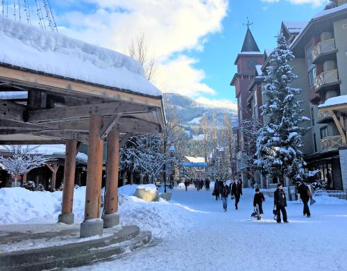 a group of people walking down a snow covered street at Whistler Town Plaza by Latour Hotels and Resorts in Whistler