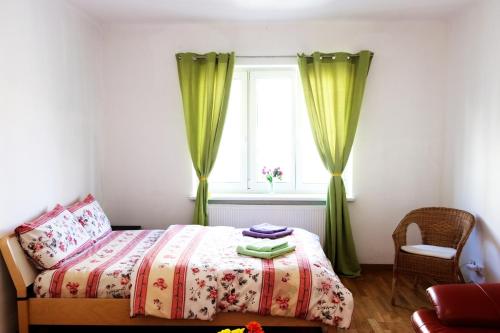 Schlafzimmer mit einem Bett und einem Fenster mit grünen Vorhängen in der Unterkunft a beautiful, big and cozy room in the city center in Wien