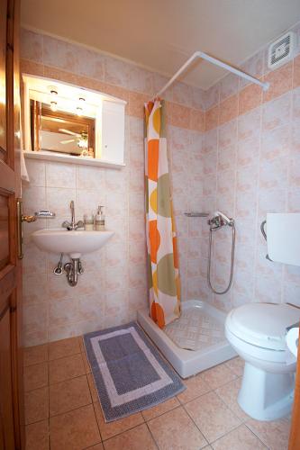 a bathroom with a sink and a shower and a toilet at Alkmini in Agios Dimitrios