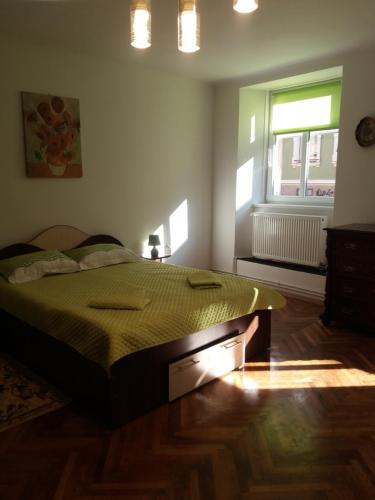 a bedroom with a large bed and a window at Charming downtown studio in Braşov