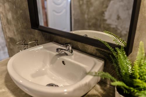 a sink in a bathroom with a mirror and a plant at Revolution Asoke in Bangkok