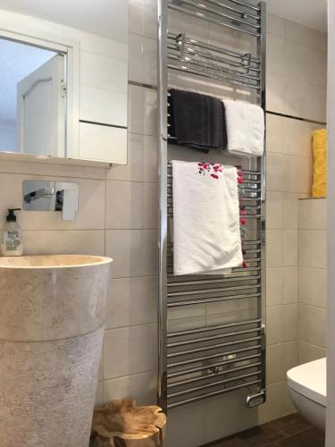 Mas Giro في Le Bar-sur-Loup: حمام مع رف للمناشف ومغسلة