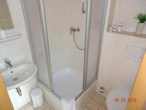 ein Bad mit einer Dusche, einem WC und einem Waschbecken in der Unterkunft Gasthaus Stadt Bad Sulza in Bad Sulza