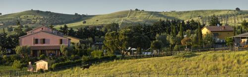 a cow grazing in a field with houses and hills at Bio Agriturismo Il Melograno di Banditella Ristorante in Alberese