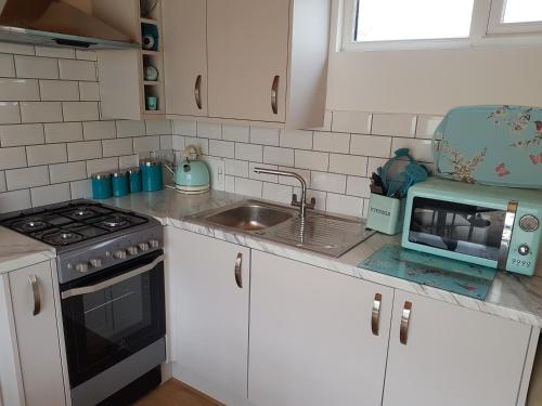 a kitchen with white cabinets and a sink and a microwave at Acorn Camping and Caravan Park in Llantwit Major