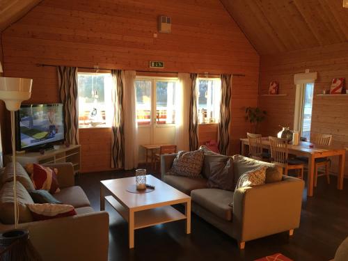 a living room with couches and a tv and a table at Tärnaby Rooms & Apartments in Tärnaby