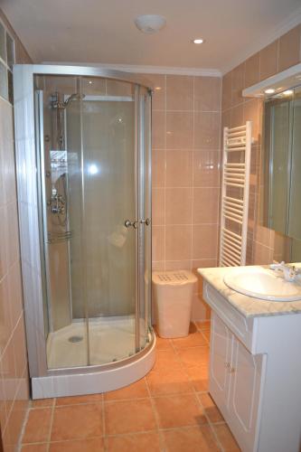 une salle de bain avec une douche, un lavabo et des toilettes dans l'établissement Domaine Las Brugues, à Saint-Papoul