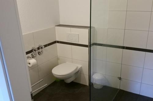 La salle de bains est pourvue de toilettes et d'une cabine de douche. dans l'établissement FeWo Engler Bremen Neustadtstraße, à Brême