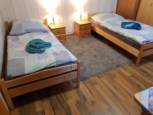 two twin beds in a room with wooden floors at Dudu's Gästehaus in Diebach am Haag