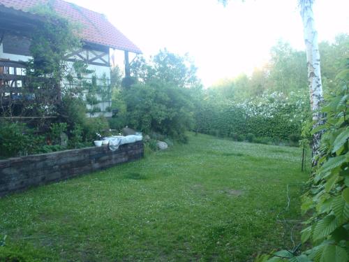 a yard with a brick wall and a yard with trees at Birchy Hills in Sitno