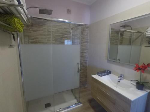 a bathroom with a shower and a sink and a mirror at Casa Rural La Vega in Alojera