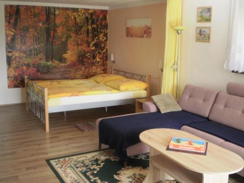 a living room with a bed and a couch at Privat Buk 100 in Jindřichŭv Hradec