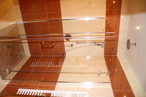 a shower in a bathroom with brown tiles at Posthotel Radstadt in Radstadt