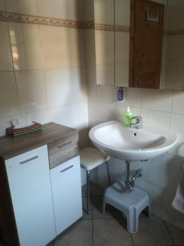 a small bathroom with a sink and a stool at Ferienhaus Moorhof in Schneverdingen