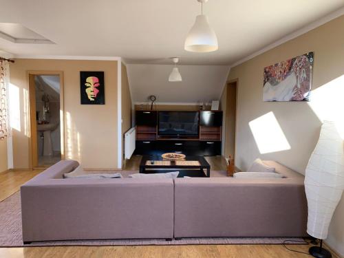 a living room with a couch and a tv at Holiday Home GC30 in Cristian