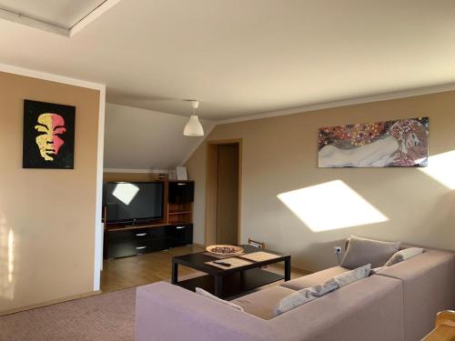 a living room with a couch and a tv at Holiday Home GC30 in Cristian