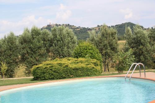 a swimming pool with trees and a hill in the background at Agriturismo Materno in Radicondoli