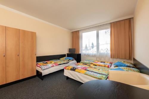 een slaapkamer met 2 bedden en een raam bij Hotel Buly in Písek