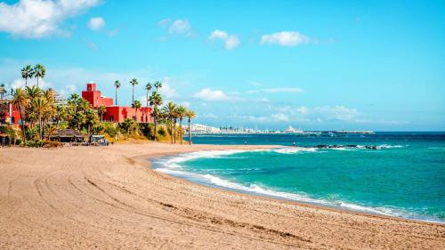 une plage de sable avec des palmiers et l'océan dans l'établissement Benalmádena Piscis Sun & Beach, à Benalmádena