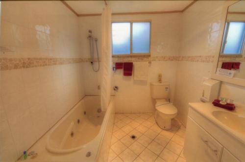 a bathroom with a tub and a toilet and a sink at The Lodge Outback Motel in Broken Hill