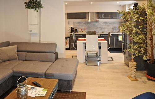 un salon avec un canapé et une table et une cuisine dans l'établissement Gîte, location meublé de tourisme 3 étoiles, à Châtillon-Coligny