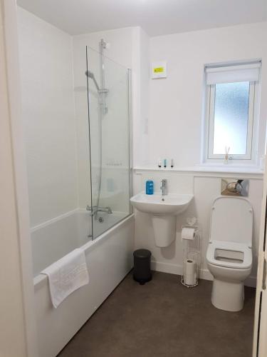 y baño con aseo, lavabo y ducha. en 3 Royal View Apartments en Stirling