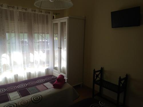 un osito de peluche sentado en una cama frente a una ventana en Toño el Alguacil, en Selaya