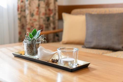 a tray with a glass and a plant on a table at Appartementhaus Gaby in Bad Füssing