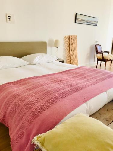 a bedroom with a bed with a pink and white blanket at GUESTHOUSE UIT DE KUNST in Leeuwarden