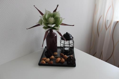 un jarrón con una flor y nueces en una mesa en Gästehaus Ditz, en Westoverledingen